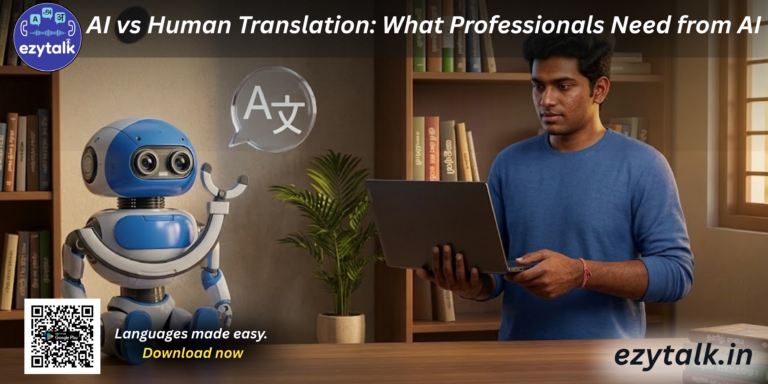 AI vs Human Translation workflow showing translator using AI tools for faster and accurate document translation